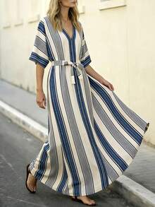 SHEIN Holidaya Váy kẻ sọc thoải mái cho kỳ nghỉ hè - Nhiều màu - Xem 3