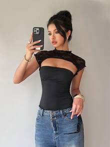 SHEIN PETITE CURVE Plus Size Women's Summer Black Classy Sexy Night Out Date Night Club Camisole,Lace Hollow Out Tight Top,Gothic Fitted Solid Elegant Y2K Festival Top - Black - View 5