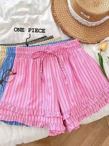 GlowEve Striped Print Ruffle Trim Drawstring Waist Shorts - Hot Pink - View 3