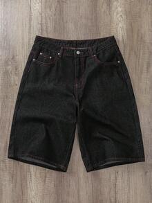Manfinity Joysei Summer Street Fashion Retro Back Pocket Plaid Patchwork Star Line Letter Vine Embroidery Rivet Design Niche Versatile Solid Color Loose Wide Leg Denim Shorts - Black - View 2