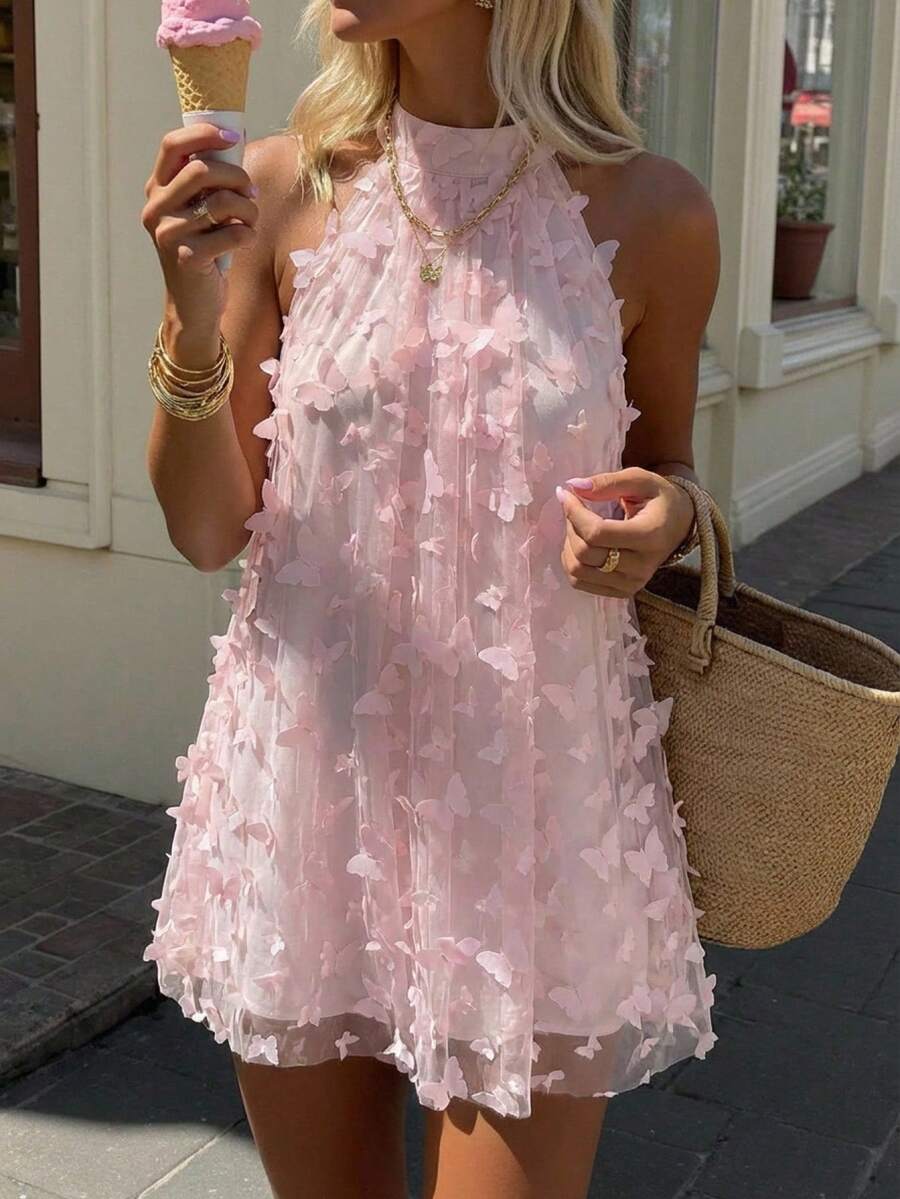 Aloruh 粉色露背蝴蝶网纱迷你连衣裙，适合婚礼、度假、音乐节、演唱会、毕业典礼等场合。