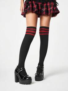 ROMWE Kawaii 暗黑摇滚朋克哥特风单扣金属厚跟乐福鞋，低鞋面正式工作鞋，日式玛丽珍小号皮鞋，女士高跟鞋 - 黑色鉚釘 - 查看 3