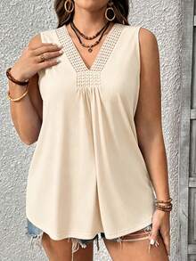 EMERY ROSE Plus Size Women Solid Color Casual V-Neck Lace Patchwork Sleeveless Knit Tank Top - Apricot - View 5
