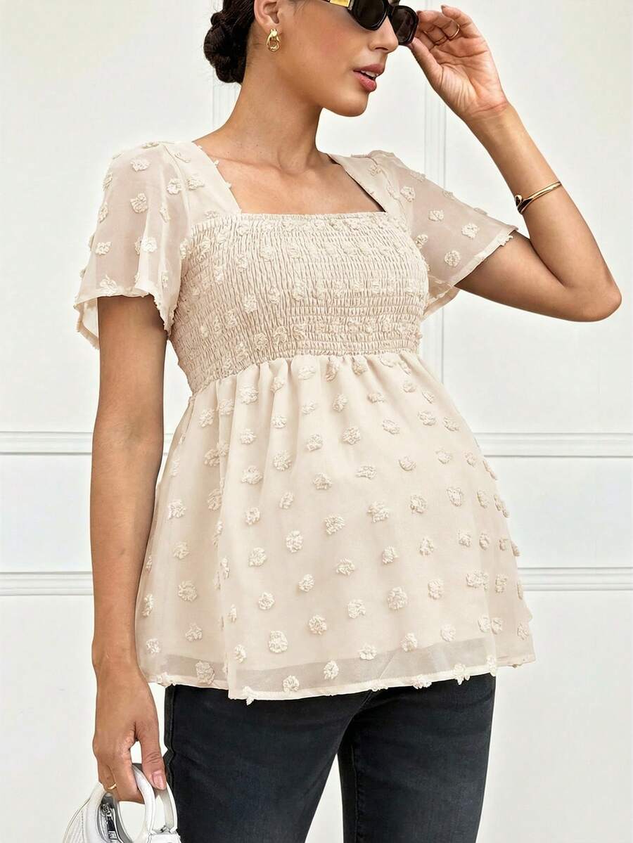 MaterniWear Áo sơ mi bầu xếp ly họa tiết jacquard, kiểu dáng thường ngày, đa năng. - Màu be - Xem 1