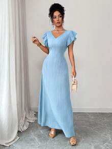 Rafferiza Women's Elegant Crinkle V-Neck Ruffle Armhole Waist Cinched Long Dress, Summer - Blue - View 3