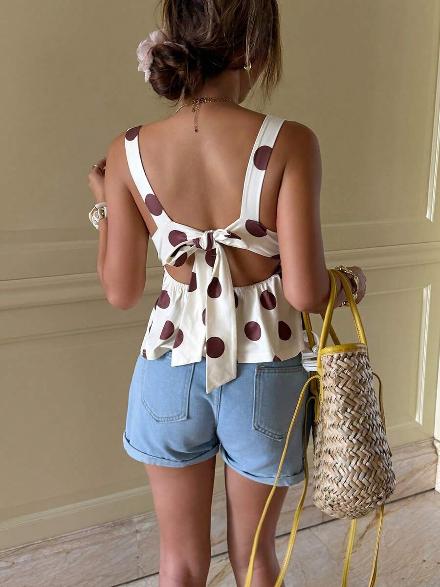 Serisse Camiseta de mujer con estampado de lunares y volantes en el bajo