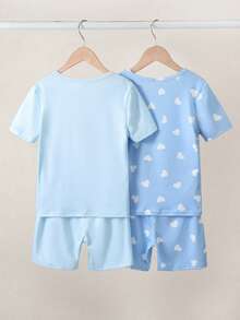 Conjunto de pijama de 4 piezas/2 sets para niñas con cuello de tripulación tejido de alta elasticidad, ajuste ceñido, manga corta y pantalones cortos, con diseño lindo de conejo y corazón, cómodo y suave, gran regalo para adolescentes - Azul - Ver 2