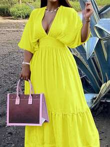 Slaydiva Plus Size Elegant Sexy Low Neckline Sleeveless A-Line Ruffle Hem Dress, Red, Summer-S - Yellow - View 1