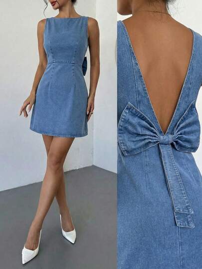 Firerie 女士无袖牛仔连衣裙，后背饰有蝴蝶结，适合夏季嘉年华、通勤、度假、毕业典礼等场合，时尚又充满Y2K风格，可爱街头风，适合派对、婚礼、商务休闲、海滩、毕业典礼等场合。女士蓝色牛仔连衣裙，V领后背设计，饰有醒目的蝴蝶结，可爱夏季迷你连衣裙。
