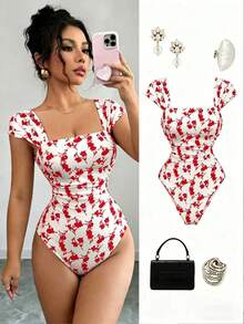 Elenzga Áo liền thân nữ cổ vuông tay ngắn họa tiết hoa, dáng chữ A, xếp ly eo, hàng mới về, thanh lịch cho hẹn hò, du lịch, giúp tôn dáng. - Đỏ - Xem 1