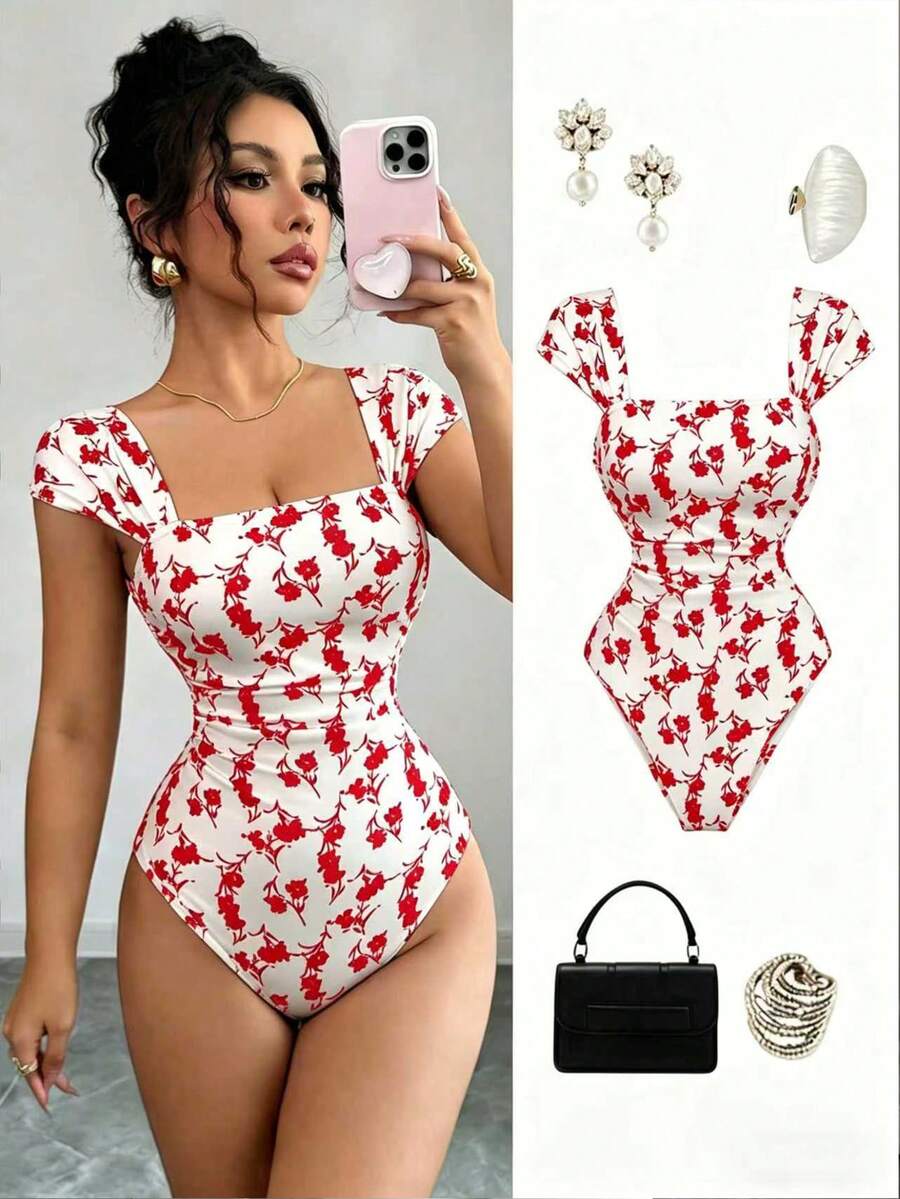 Elenzga Áo liền thân nữ cổ vuông tay ngắn họa tiết hoa, dáng chữ A, xếp ly eo, hàng mới về, thanh lịch cho hẹn hò, du lịch, giúp tôn dáng. - Đỏ - Xem 1