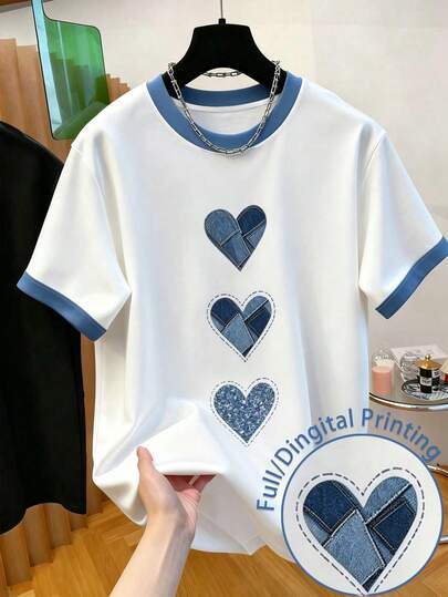 Resyla Men's Denim Patchwork Heart T-Shirt | Contrast Color Round Neck | Casual Street Graphic Tee