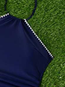 SHEIN Swim SPRTY 女士优雅无肩带比基尼套装，花卉饰边领口，海军蓝+黑色波西米亚风度假泳装，春夏款 - 黑色 - 查看 6