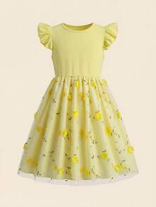 SHEIN Yellow Summer Cute Flower Girl Dress,Girls' Forest Style 3D Floral Embroidery Tulle Princess Dress For Wedding,Easter,Birthday Party,8-14 Years Old - Green - View 5