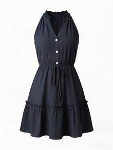 Swim Vcay Robe de plage d'été pour femmes sans manches, taille élastique, coupe slim, avec nœud papillon décoratif, demi-boutonnage, volants à l'ourlet, pour vacances - Bleu marine - Voir 7