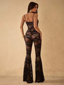 Silquee Mono de encaje con escote en V sexy y pantalones acampanados, mono de sirena elegante, adecuado para cóctel, cita romántica, fiesta, boda, vacaciones en la playa, cita nocturna/salida/fiesta nocturna/reunión, fiesta elegante diaria, fiesta de cóctel, San Valentín y noche, vestido para reunión de hermandad, atuendo para cita romántica, vestido de fiesta de alta gama, atuendo de fiesta formal, ceremonia de graduación, vestido de actuación en el escenario, atuendo elegante, vestido de dama de honor, gala, club, boda - Negro - Ver 2