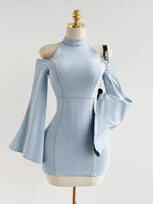SHEIN Tight-Fitting Mini Off-Shoulder Wide-Sleeve Denim Dress - Blue - View 3