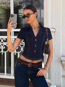 Siren Gaze 女士春夏新款收腰纽扣短袖衬衫 - 藏蓝色 - 查看 7