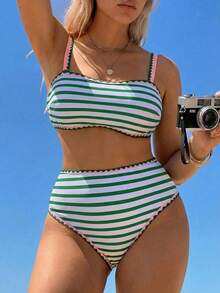 Swim Vcay Bộ bikini và quần tam giác kẻ sọc phong cách thường ngày dành cho nữ cỡ lớn, thích hợp mặc đi biển mùa hè. - màu xanh lá - Xem 4