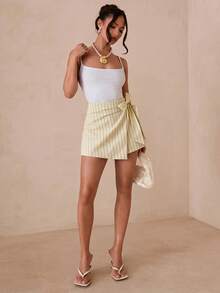 SHEIN Glamour بنطلون تنورة مع خصر غير متماثل وتويست جانبي للنساء - أصفر - مشاهدة 6