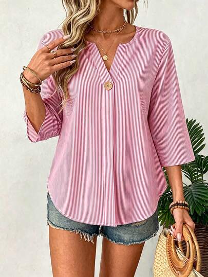 EMERY ROSE Plus Size Women Casual V-Neck Striped Shirt
