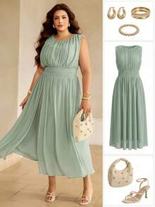 Roveilla Plus Size Women's Sage Green Summer Elegant Wedding Guest Long Dress,Round Neck Pleated Elastic Waist Sleeveless Lined Sheer Fabric Vintage Dress - Green - View 1