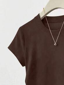 SHEIN Women's Solid Color Round Neck Short Sleeve Pleated Casual Versatile T-Shirt - Coffee Brown - View 4
