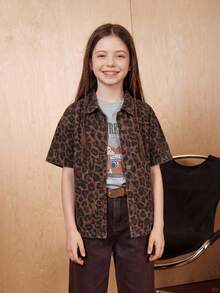 Dazy Kids Tween Girls Leopard Print Denim Lapel Long Sleeve Jacket And Coat, Fall - Brown - View 4