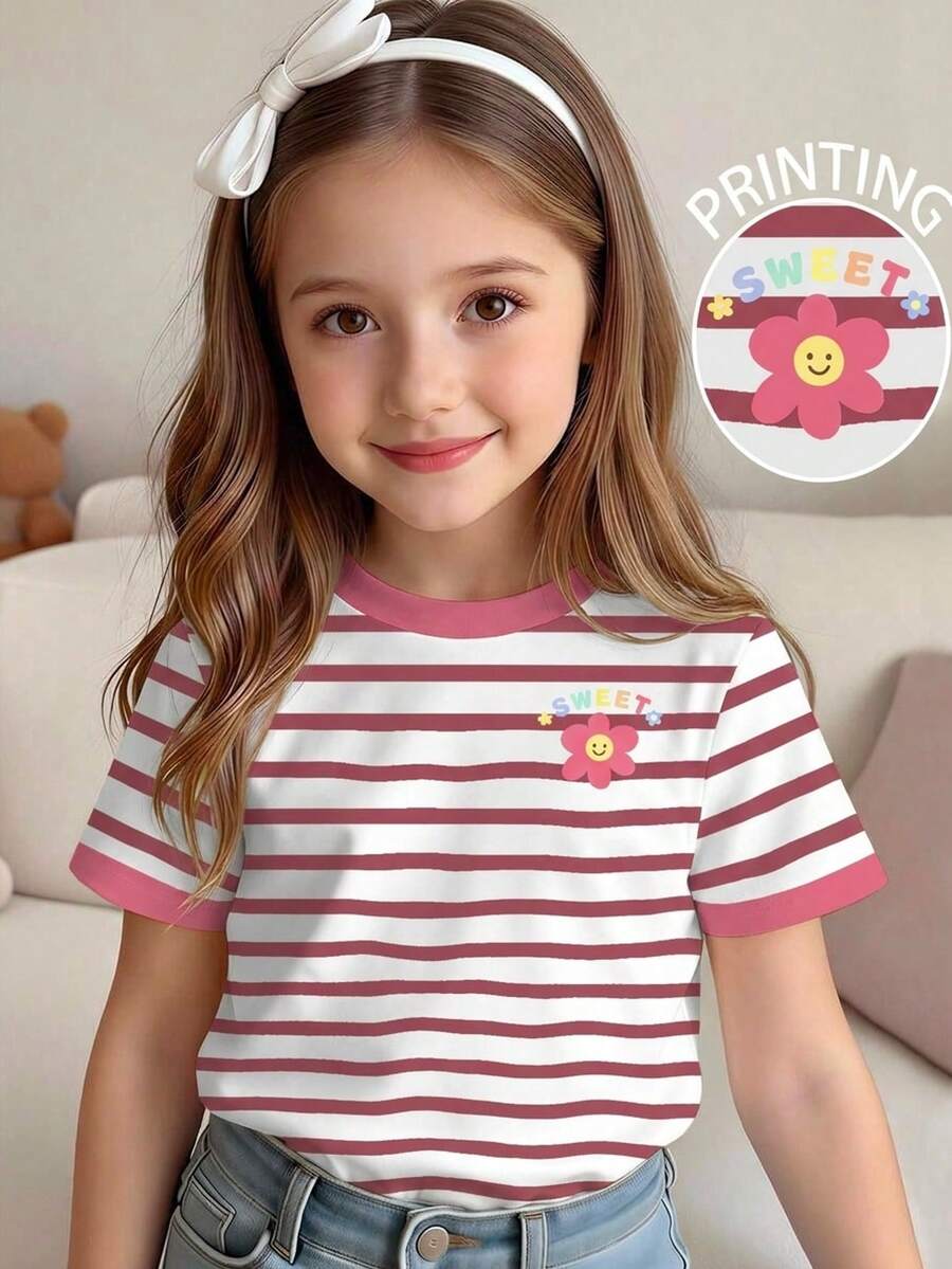 Elladie kids Girls' Sweet Floral Print Red Striped Round Neck Short Sleeve Casual T-Shirt, Summer - Multicolor - View 1