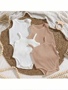 Loomiva 4pcs Newborn Baby Girl Solid Color Soft Knit Sleeveless Romper Set - Multicolor - View 3