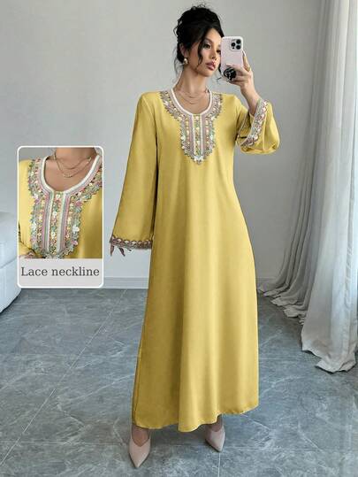 Al Najma Đầm dài tay kiểu Ả Rập thanh lịch dành cho nữ, được trang trí bằng các họa tiết thêu.