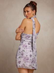 L'Amorae Women Watercolor Floral Scarf Mini Dress Chiffon Summer Vacation Wedding Guest Golf Pastal Sexy - Multicolor - View 2