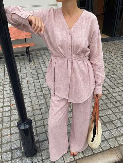 Vivie Lora 女士纯色V领褶皱长袖上衣和裤子休闲套装