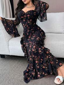 Feyla 女士优雅印花心形领喇叭袖连衣裙，春季 - 黑色 - 查看 4