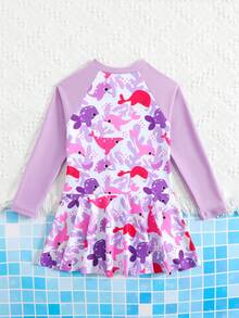 SHEIN Playful Pals 卡通印花长袖连体泳衣，适合年轻女孩，可用于海滩度假、泳池派对等场合。 - 紫色 - 查看 2