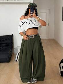 Coolane 大码女式休闲日常通勤时尚街头风简约纯色褶皱宽松阔腿裤 - 軍綠色 - 查看 6