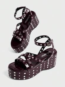 Sugerpunk Giày sandal đế cao, gót đính kim tuyến, khóa cài nhọn dành cho nữ. - Màu Đỏ Sâu - Xem 5