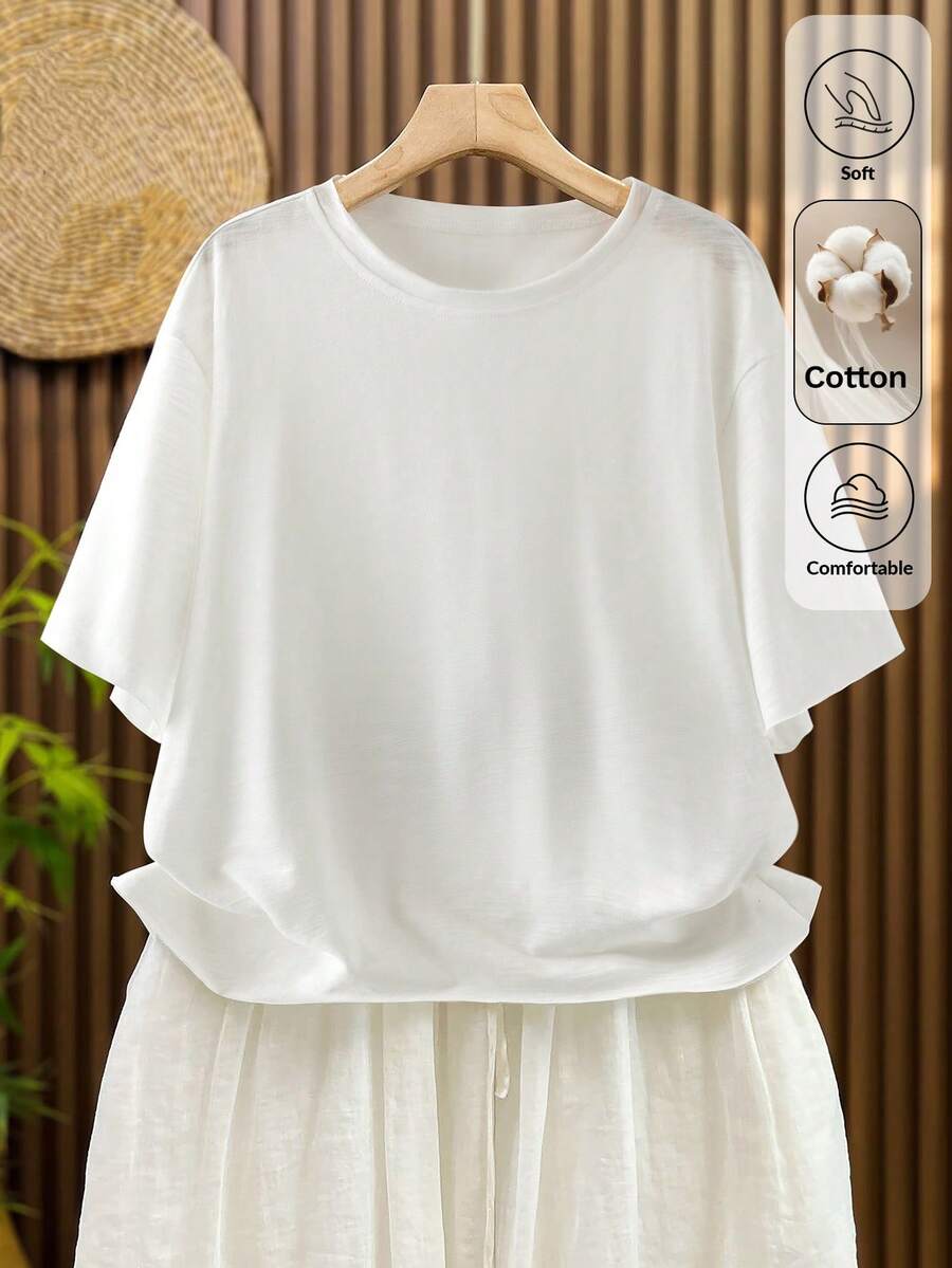 Louniche Women's Casual Solid Color Short Sleeve T-Shirt, Linen Knit Cropped Top - White - View 1