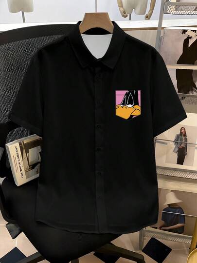 LOONEY TUNES X SHEIN Manfinity Joysei Áo sơ mi nam tay ngắn in hình hoạt hình, kiểu dáng thường ngày, đa năng.