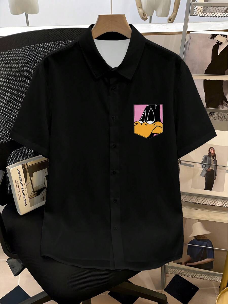 LOONEY TUNES X SHEIN Manfinity Joysei Áo sơ mi nam tay ngắn in hình hoạt hình, kiểu dáng thường ngày, đa năng. - màu đen - Xem 1