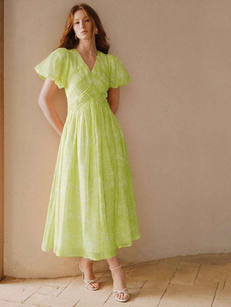 WOMEN'S CONTRAST LACE PUFF SLEEVE MID-LENGTH DRESS