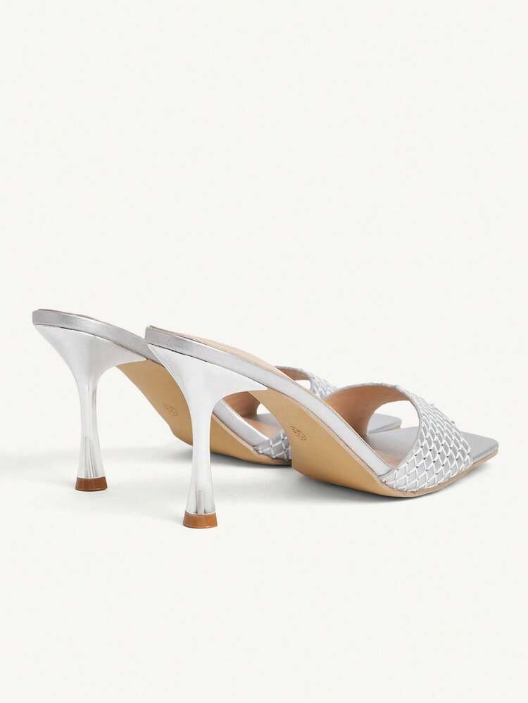 CUCCOO CHICEST Women's High-Heeled Shoes, Silver Woven Diamond-Encrusted Stiletto Sandals, French Elegant Square-Toed Muller Mop, Banquet Dating Daily Versatile Shoes