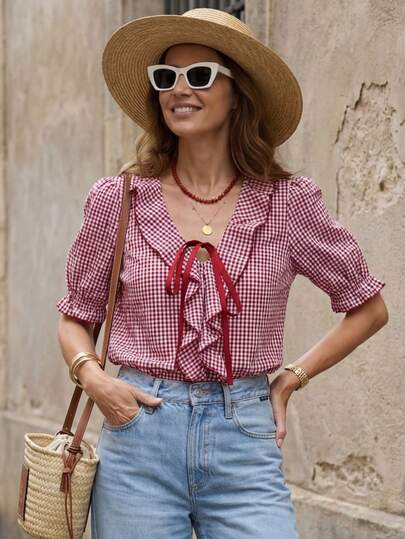 Solivie 女士时尚格子印花短袖衬衫，夏季