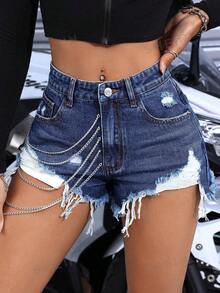 Jeanoix Petite Shorts vaqueros casuales de mujer con dobladillo deshilachado y desgastado, estilo Y2K - Azul lavado oscuro - Ver 7
