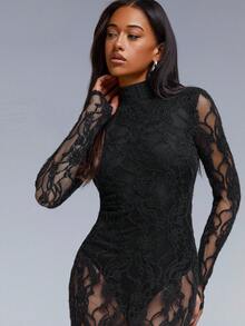 Athîral Petite Women's Pastal Floral Lace Backless Sexy Dress With Long Sleeve Fitted Maxi Dress Elegant Evening,Petite Women Golf Autumn - Black - View 5