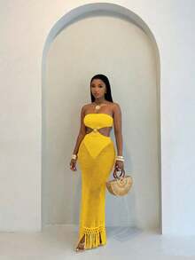 BamGleam Vestido tubo de mujer para vacaciones de verano de unicolor con parches y calado de red - Amarillo - Ver 5
