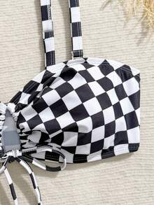 Swim Vcay 2026 New Spring/Summer Plus Size Swimwear Top, Contrast Color Checkerboard Print, Drawstring Bandeau Detachable Adjustable Strap, Sexy Beach Vacation Pool Wear - Black and White - View 5