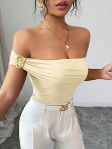 SHEIN Raffinéa 女士时尚纯色露肩不对称金属环吊带背心 - 杏色 - 查看 5