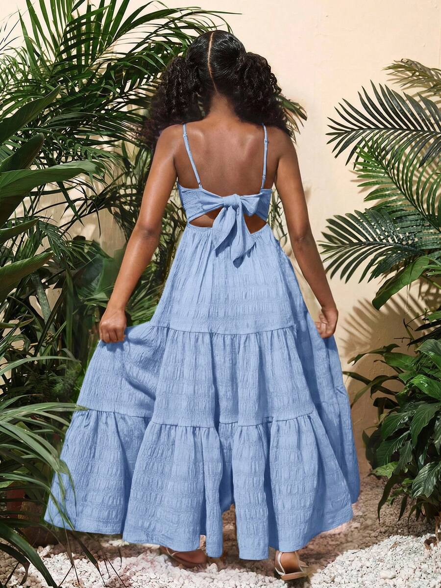 SHEIN Kids/Tween Girls' Vacation Casual Spring/Summer Textured Solid Color Ruffle Hem Bow Tie Back Dress, Blue - Blue - View 1