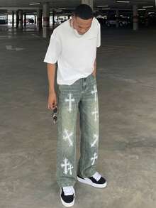 Ngobest Haus Ngobest Haus HEHCN 男士十字印花口袋宽松休闲牛仔裤，Y2K 复古宽松蓝色街头风格阔腿牛仔裤 - 橄欖綠 - 查看 5